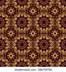 Vector seamless pattern on a brown background with golden vintage ornament.