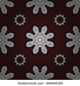 Vector seamless pattern on brown background with white elements. Damask seamless pattern for design.