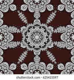 Vector. Seamless pattern on brown background with white elements. Brilliant lace, stylized flowers, paisley. Oriental style arabesques. Seamless white texture curls. Openwork delicate white pattern.