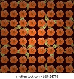 Vector seamless pattern on a brown background. Beautiful watercolor cosmos flowers, bright painting inspired floral print.