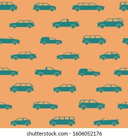 Vector seamless pattern on a car theme. Different types of car body, in green-blue, on an orange-sand background.