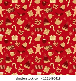 Vector seamless pattern on the Christmas theme. Christmas sock, hat, bow, hat, teapot, biscuits and sweets, Christmas toys and carrots on a red background.