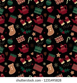 
Vector seamless pattern on the Christmas theme. Christmas gifts, a cup, a teapot, Christmas tree toys, sweets, gloves, decorations, and holly on a black background.