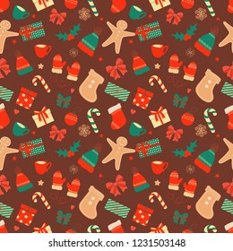 Vector seamless pattern on the Christmas theme. Christmas gifts, Christmas decorations, cups, cookies, sweets, hat and mittens.