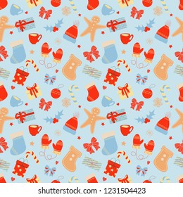 
Vector seamless pattern on the Christmas theme. Christmas gifts, Christmas decorations, cup, cookies, sweets, hat and mittens, Christmas boots.