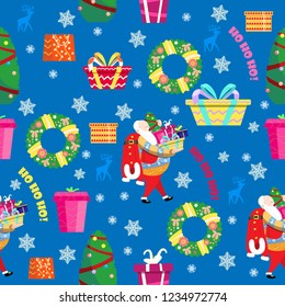 Vector seamless pattern on Christmas and New Year theme with Christmas decoration elements. Santa Claus, gifts boxes, snowflakes, wreaths, deer silouhette.