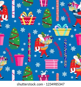 Vector seamless pattern on Christmas and New Year theme with Christmas decoration elements. Santa Claus, gifts boxes, Christmas tree, snowflakes, wreath.