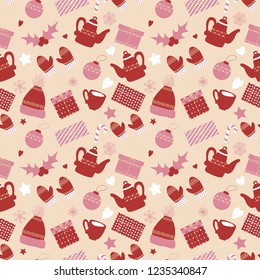 Vector seamless pattern on the Christmas theme.  Background for wrapping paper, which contains Christmas decorations, winter hat and gloves, boxes with gifts, a cup and a teapot, a holly.