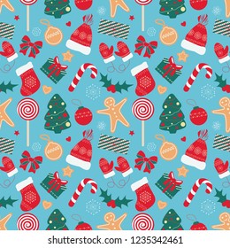 Vector seamless pattern on the Christmas theme.  
Background for wrapping paper, which contains a Christmas boot, winter hat and gloves, candy, a holly, a decorated Christmas tree, a box with gifts.