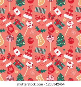 Vector seamless pattern on the Christmas theme.  
Background for wrapping paper, which contains a Christmas boot, winter hat and gloves, candy, a holly, a decorated Christmas tree, a box with gifts.