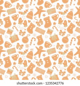 Vector seamless pattern on the Christmas theme. Background for wrapping paper that contains ginger cookies: boots, hat, gloves, cup, bow, box with gifts, Christmas-tree decorations.