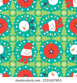 Vector seamless pattern on a Christmas theme with snowmen and stylized fir trees