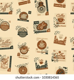 Vector seamless pattern on coffee and coffee house theme with postage stamps and postmarks in retro style on beige background. Can be used as wallpaper or wrapping paper