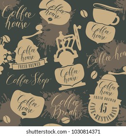 Vector seamless pattern on coffee and coffeehouse theme with old coffee grinders, other coffee symbols and handwritten inscriptions in retro style. Can be used as wallpaper or wrapping paper