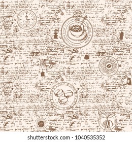 Vector seamless pattern on the coffee theme with a various coffee symbols, blots and inscriptions on a background of old manuscript in retro style. Can be used as wallpaper or wrapping paper