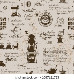 Vector seamless pattern on the coffee theme with a various coffee symbols, blots and inscriptions on a background of old manuscript in retro style. Can be used as wallpaper or wrapping paper