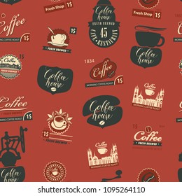 Vector seamless pattern on coffee and coffeehouse theme with old coffee grinders, other coffee symbols and handwritten inscriptions in retro style. Can be used as wallpaper or wrapping paper