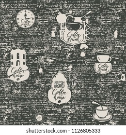 Vector seamless pattern on the coffee theme with a various coffee symbols, blots and inscriptions on a background of old manuscript in retro style. Can be used as wallpaper or wrapping paper