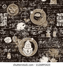 Vector seamless pattern on the coffee theme with a various coffee symbols, blots and inscriptions on a background of old manuscript in retro style. Can be used as wallpaper or wrapping paper