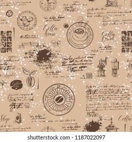 Vector seamless pattern on the coffee theme with a various coffee symbols, blots and inscriptions on a background of old manuscript in retro style. Can be used as wallpaper or wrapping paper