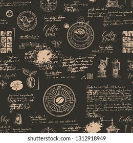 Vector seamless pattern on the coffee theme with a various coffee symbols, blots and inscriptions on a background of old manuscript in retro style. Can be used as wallpaper or wrapping paper