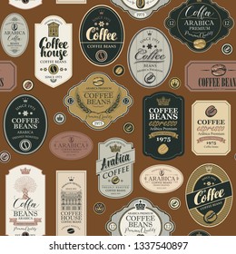 Vector seamless pattern on coffee and coffee house theme with various labels in retro style on the brown background. Can be used as wallpaper or wrapping paper