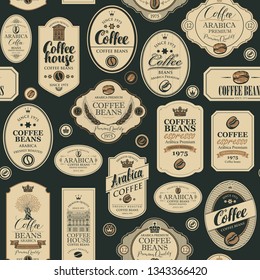 Vector seamless pattern on coffee and coffee house theme with various labels in retro style on the black background. Can be used as wallpaper or wrapping paper