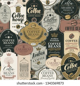 Vector seamless pattern on coffee and coffee house theme with collage of various labels in retro style. Can be used as wallpaper or wrapping paper