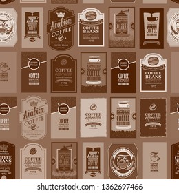 Vector seamless pattern on coffee and coffee house theme with various labels in retro style. Can be used as wallpaper or wrapping paper