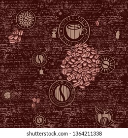 Vector seamless pattern on the coffee theme with coffee symbols, coffee beans, blots and inscriptions on a background of old manuscript in retro style. Can be used as wallpaper or wrapping paper