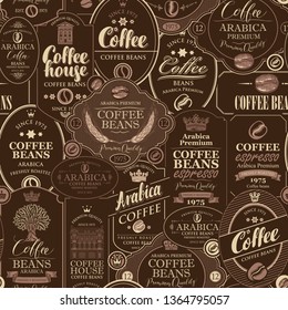 Vector seamless pattern on coffee and coffee house theme with various labels in retro style on the brown background. Can be used as wallpaper or wrapping paper
