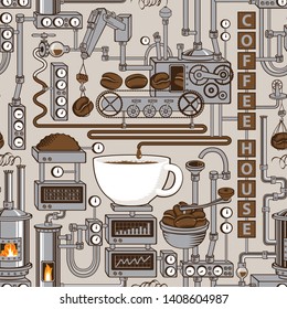 Vector seamless pattern on coffee theme with a cup of freshly brewed coffee, plant with conveyor coffee production in retro style and with words Coffee house.