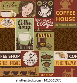 Vector seamless pattern on coffee and coffee house theme with inscriptions and illustrations in retro style. Can be used as wallpaper, wrapping paper or fabric