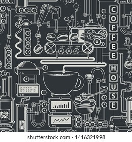 Vector seamless pattern on coffee theme with a cup of freshly brewed coffee, plant with conveyor coffee production in retro style and with words Coffee house.