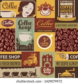 Vector seamless pattern on coffee and coffee house theme with inscriptions and illustrations in retro style. Can be used as wallpaper, wrapping paper or fabric