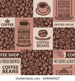 Vector seamless pattern on coffee and coffee house theme with freshly roasted coffee bean, inscriptions and illustrations in retro style. Can be used as wallpaper, wrapping paper or fabric
