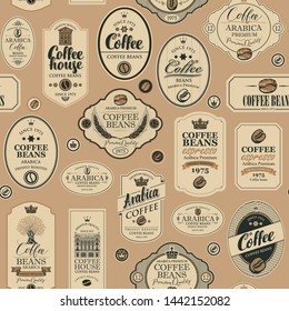 Vector seamless pattern on coffee and coffee house theme with various labels in retro style on the beige background. Can be used as wallpaper or wrapping paper