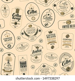 Vector seamless pattern on coffee and coffee house theme with various labels in retro style on the beige background. Suitable for wallpaper, wrapping paper, textile, fabric