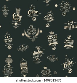 Vector seamless pattern on coffee and coffee house theme with various labels in retro style on the black background. Suitable for wallpaper, wrapping paper, textile, fabric