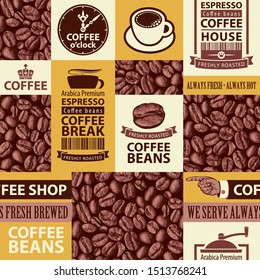 Vector seamless pattern on coffee and coffee house theme with freshly roasted coffee bean, inscriptions and illustrations in retro style. Suitable for wallpaper, wrapping paper or fabric