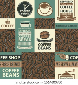 Vector seamless pattern on coffee and coffee house theme with freshly roasted coffee bean, inscriptions and illustrations in retro style. Suitable for wallpaper, wrapping paper or fabric