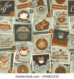Vector seamless pattern on the coffee and coffee house theme with postage stamps and postmarks in retro style. Suitable wallpaper, wrapping paper or fabric. Retro Postage Seamless Background