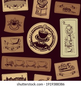 Vector seamless pattern on the coffee theme with various coffee illustrations on leather or fabric patches on a brown background. Suitable for wallpaper, wrapping paper or fabric in retro style