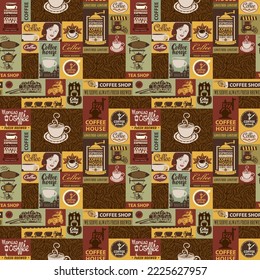Vector seamless pattern on coffee and coffee house theme with inscriptions and illustrations in retro style. Can be used as wallpaper, wrapping paper or fabric and label