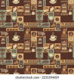 Vector seamless pattern on coffee and coffee house theme with inscriptions and illustrations in retro style. Can be used as wallpaper, wrapping paper or fabric and label