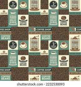 Vector seamless pattern on coffee and coffee house theme with freshly roasted coffee bean, inscriptions and illustrations in retro style. Suitable for wallpaper, wrapping paper or fabric, label