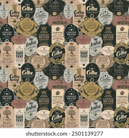 Vector seamless pattern on coffee and coffee beans theme with various labels in retro style. Can be used as wallpaper or wrapping paper