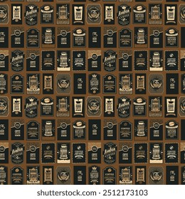 Vector seamless pattern on coffee and coffee house theme with various labels for coffee beans in retro style. Can be used as wallpaper or wrapping paper