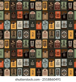 Vector seamless pattern on coffee and coffee house theme with various labels for coffee beans in retro style. Can be used as wallpaper or wrapping paper