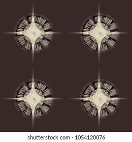 Vector seamless pattern on a dark brown background abstract patterns stylized as a round brush and a sign of the sides of the world. Pure journey.